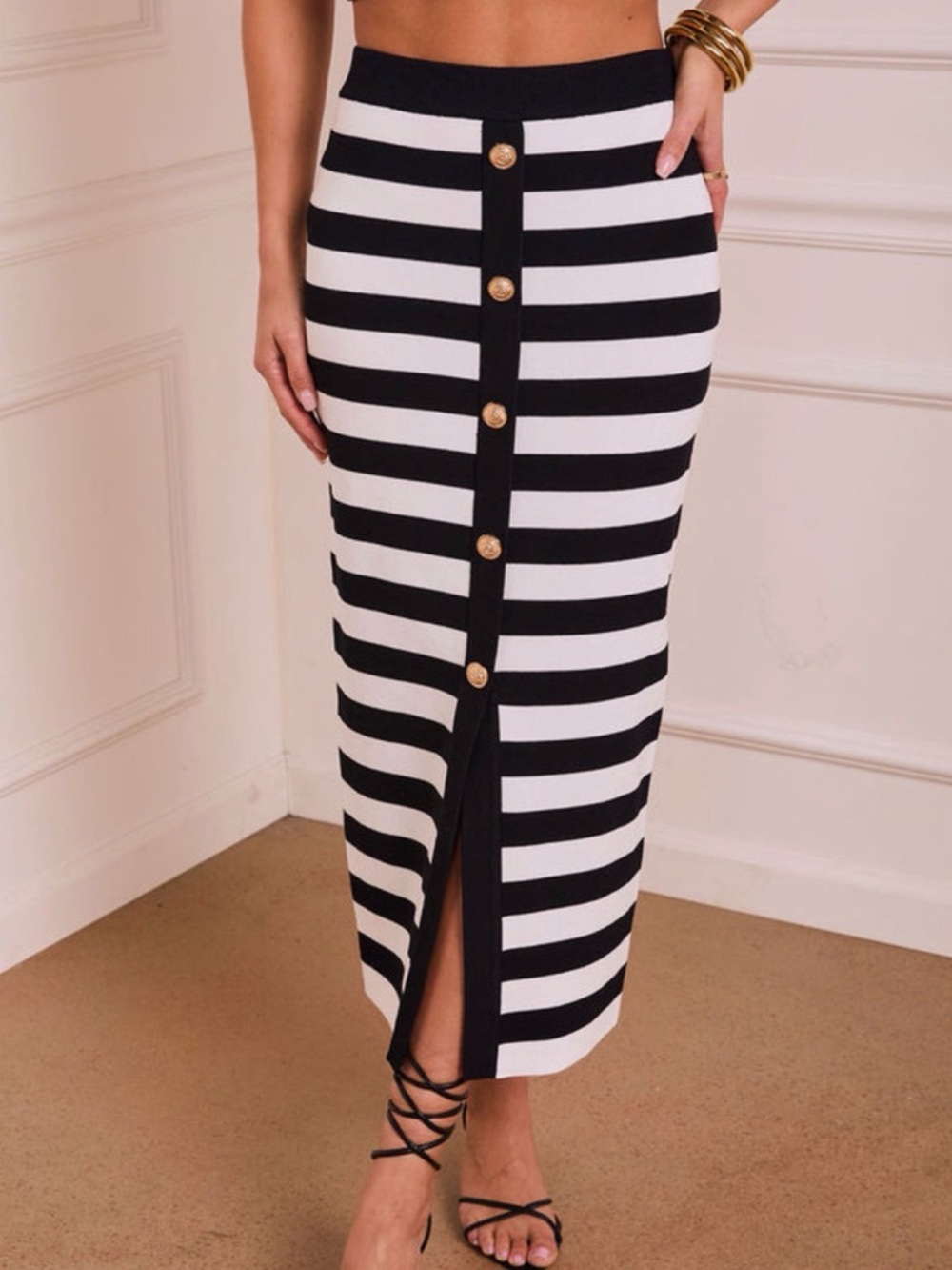 Vici Black and White Striped Button-Front Midi Skirt